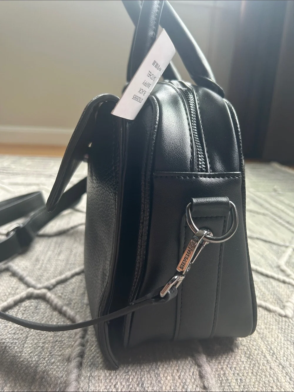 NWT Steve Madden Black Pebbled Leather Structured Satchel w Top Handles & Strap